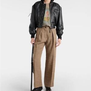 Black Leather Bomber Jacket with Plaid Trousers